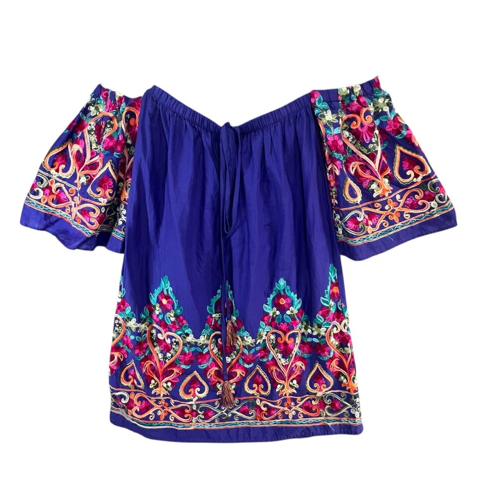 Hayden Off Shoulder Tunic Blouse‎ S Purple Embroidered Boho Peasant Top Festival